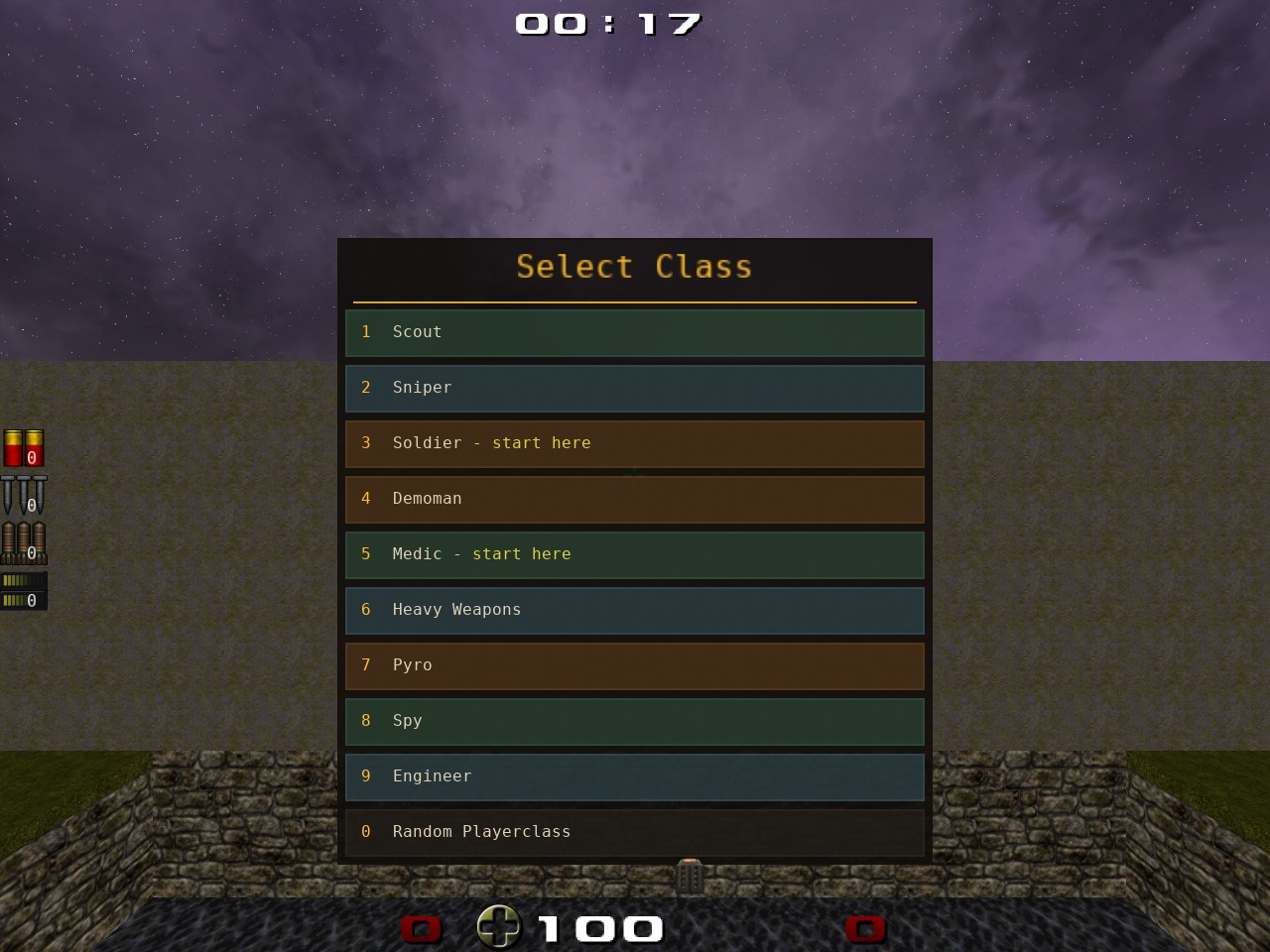 QWTF Play's class-selection screen showing the nine Team Fortress roles