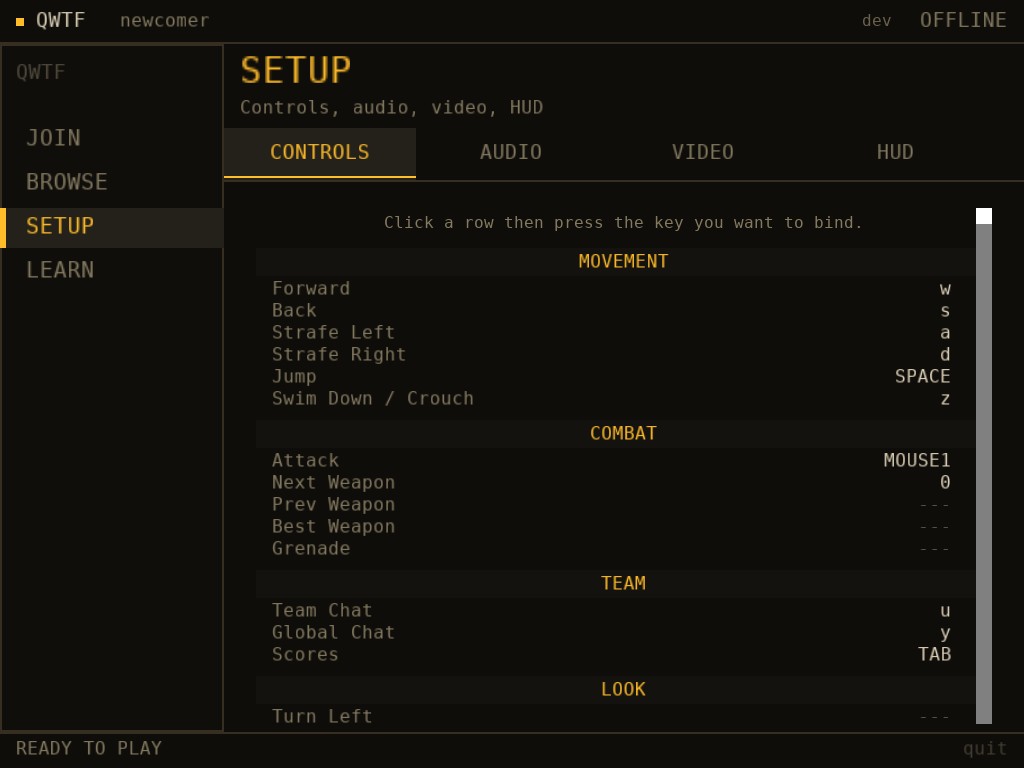 QWTF Play desktop client setup controls